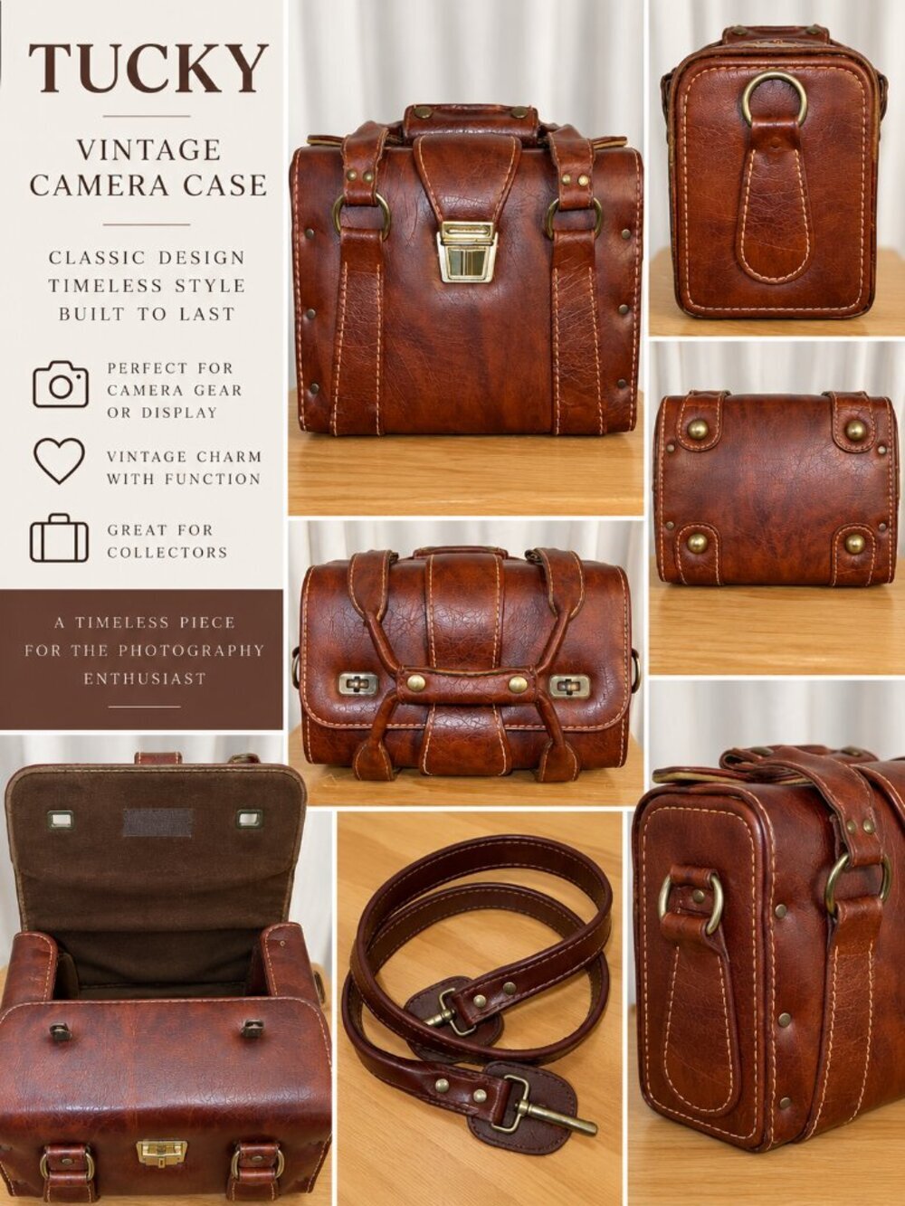 Vintage Tucky Brown Camera Case Shoulder Bag Brass Hardware Retro Photography